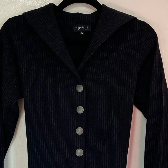 Agnes B Wool Blend Navy Pinstripe Snap Front Sweater, Tie Waist, US Size 4 - Picture 3 of 11
